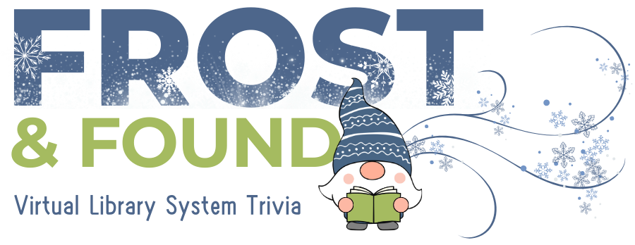 Frost and found virtual library system trivia logo with gnome reading a book by blowing snowflakes. Frost and found virtual library system trivia logo with gnome reading a book by blowing snowflakes.