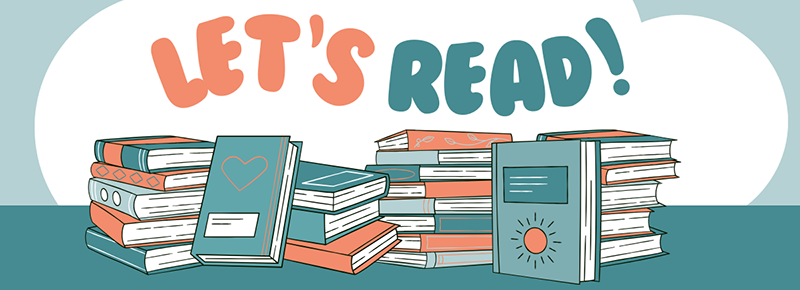 Illustrations of books in stacks that says Let's Read!