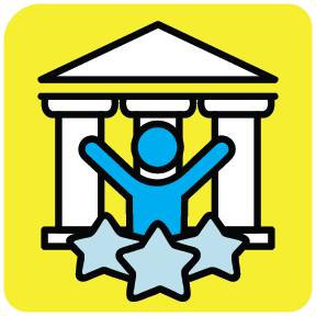 Person figure with arms up by three stars in front of a building illustrated icon.