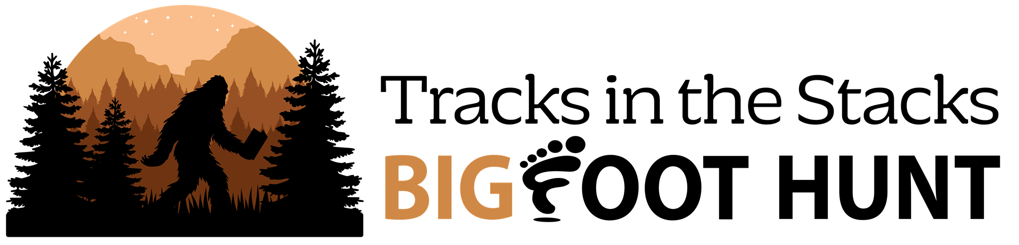Tracks in the stacks bigfoot hunt logo with a silhouette of a bigfoot between pine trees.