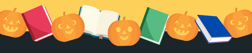 Illustration of a row of jack-o'-lanterns and books.