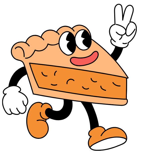 Illustration of a piece of pie with arms, legs and a face waving peace sign