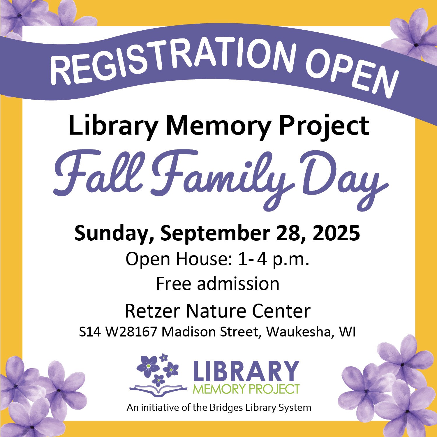 Registration open for Library Memory Project's Fall Family Day on Sunday, September 28, 2025. Open house from 1-4 p.m. Free admission at Retzer Nature Center. 