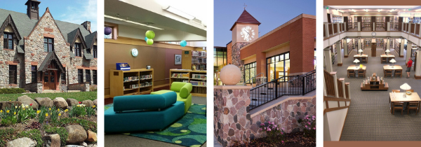 Image with four photos of spring scenes with library interiors and exteriors. Image with four photos of spring scenes with library interiors and exteriors.