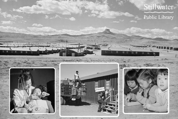 Wide shot of WWII Japanese internment camp in Wyoming with images of people at camp