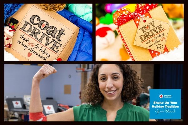 Collage of three images representing a coat drive, toy drive and blood drive