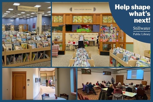 Children's area with picture book bins and Discovery Room; meeting wing