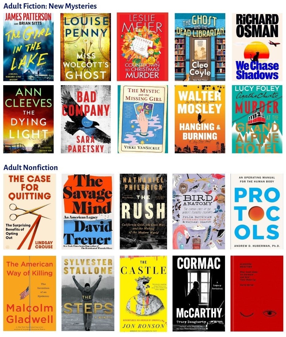 Book covers of 10 upcoming new mysteries for 2026 and 10 nonfiction titles