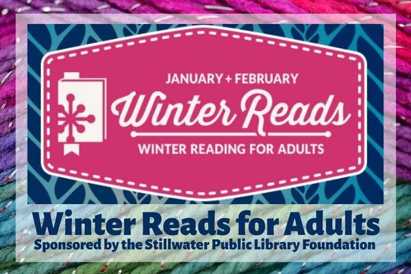 Colorful yarn background overlayed with Pink and White Winter Reads logo with a book and snowflake Colorful yarn background overlayed with Pink and White Winter Reads logo with a book and snowflake