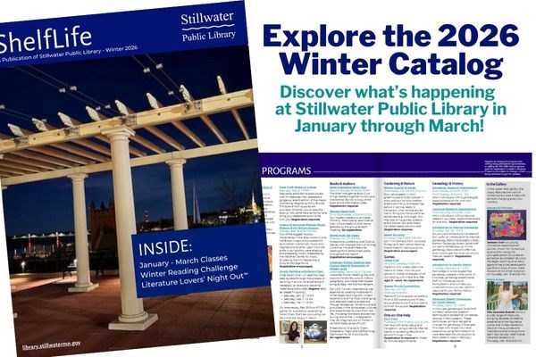 Library pergola at night with image of inside of catalog listing programs