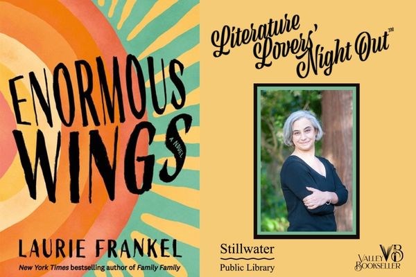 Cover of book enormous wings and photo of author laurie frankel