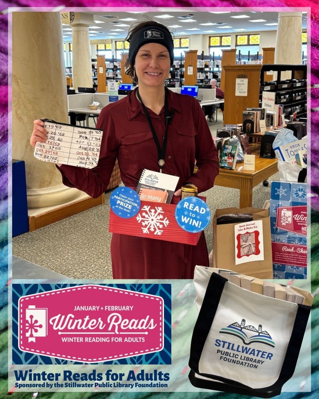 Librarian Sarah wearing a Winter Reads head band and holding Winter Reads prizes