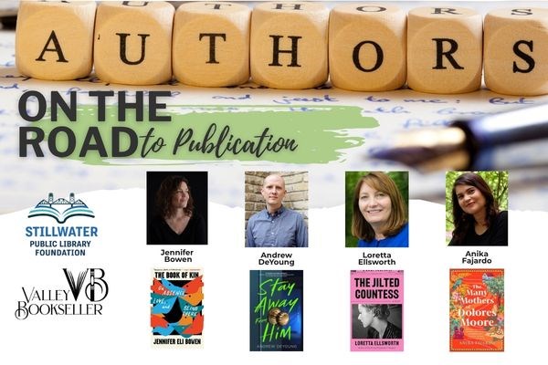 4 author photos with their respective book covers