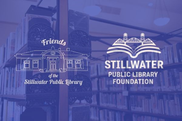 Friends logo and Foundation logo overlayed on blue-tinted background of bookshelves