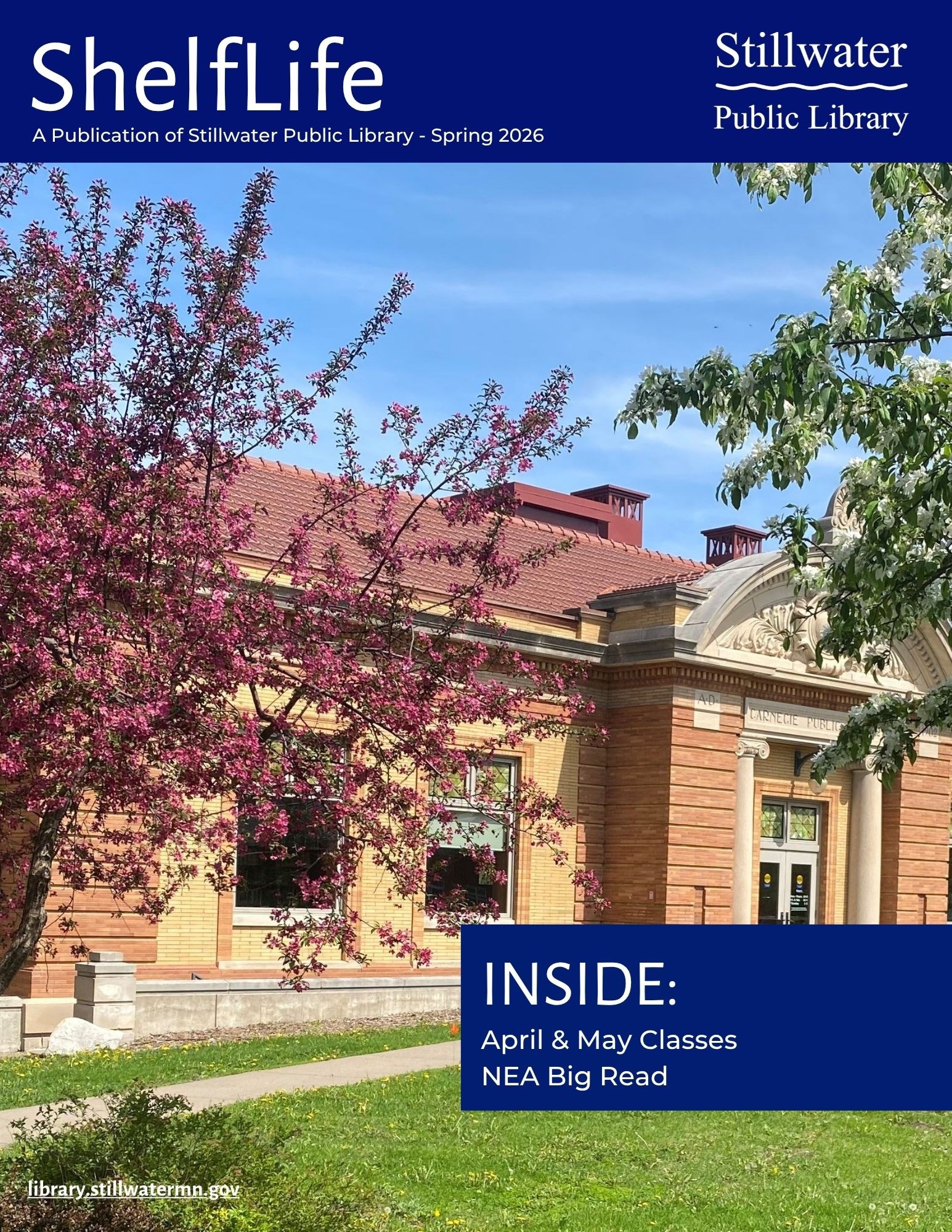 Library with apple trees in blossom