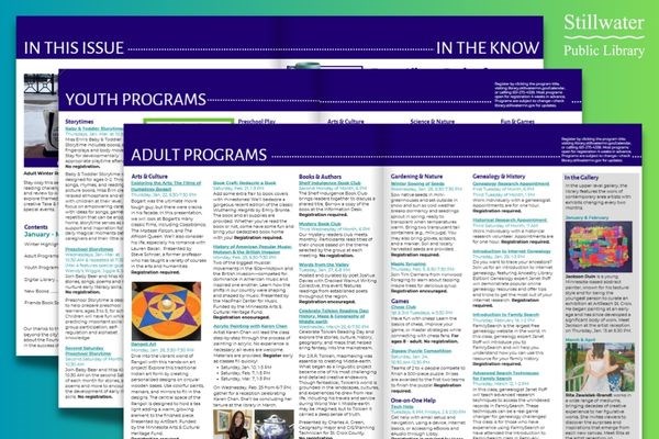 Colorful yarn background overlayed with Pink and White Winter Reads logo with a book and snowflake Inside page spread of winter program catalog