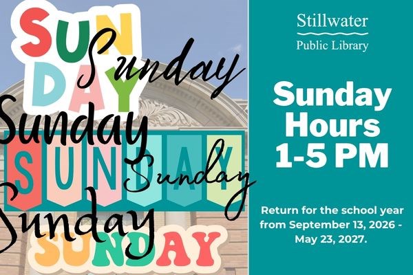 Faded image of library with Sunday, Sunday, Sunday in different fonts and colors overlayed