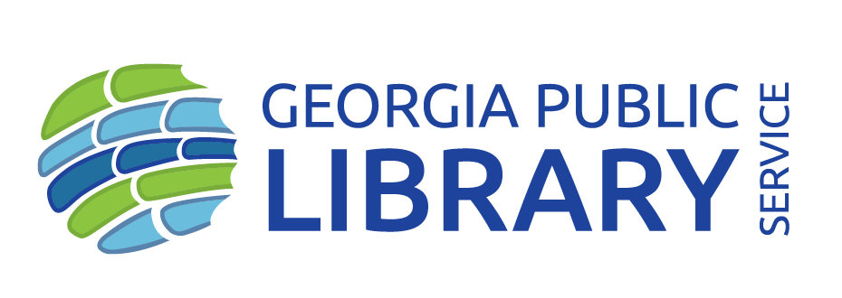 Logo for Georgia Public Library Service featuring a stylized sphere made of books in green, blue, and teal. 