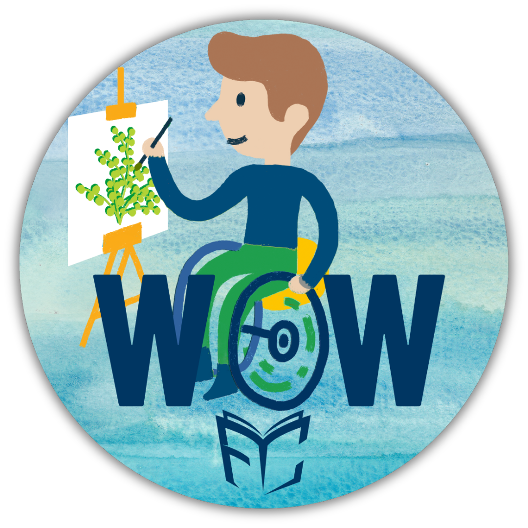 The "WOW!" button features an illustration of a little boy painting a picture of a green plant. The boy is sitting in a wheel chair. The word "WOW" is formed with two Ws and the wheel of the wheelchair forming the letter O in the middle of the word. 