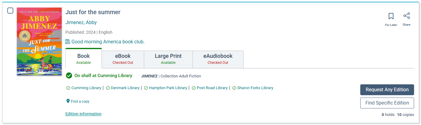 Screenshot of the FCPL catalog top search result for 'just for the summer.' 