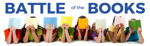 Kids laying down on the floor with an open book in their hands. Image text: Battle of the Books
