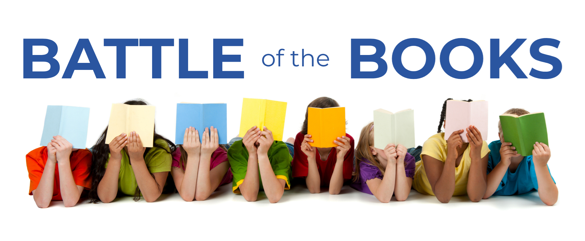 Battle of the Books. Image shows line of children reading books.