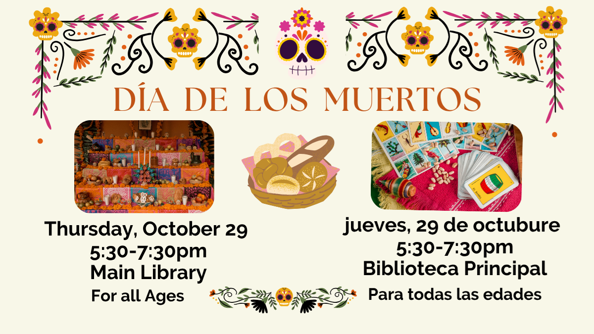 Anuncio del festival del Día de los Muertos. Incluye dos imágenes: una de un altar y otra del juego de lotería dispuesto sobre una manta.