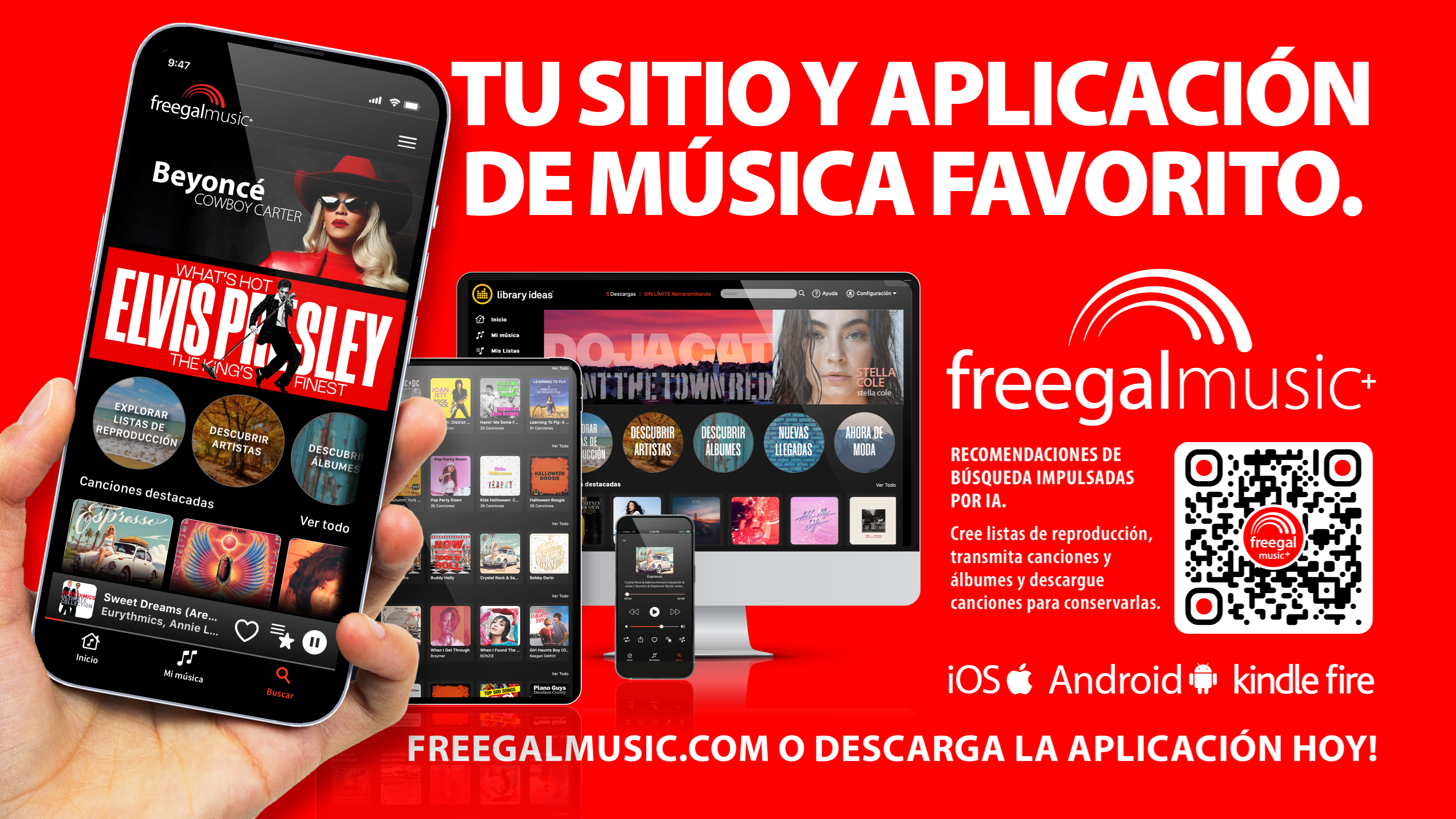Una imagen que muestra información de Freegal Music, incluido un código QR.