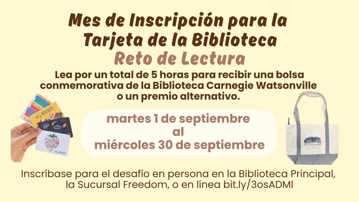 Reto de lectura del Mes de Inscripción para la Tarjeta de la Biblioteca en septiembre. Mano con tarjetas y un bolsa de tela.