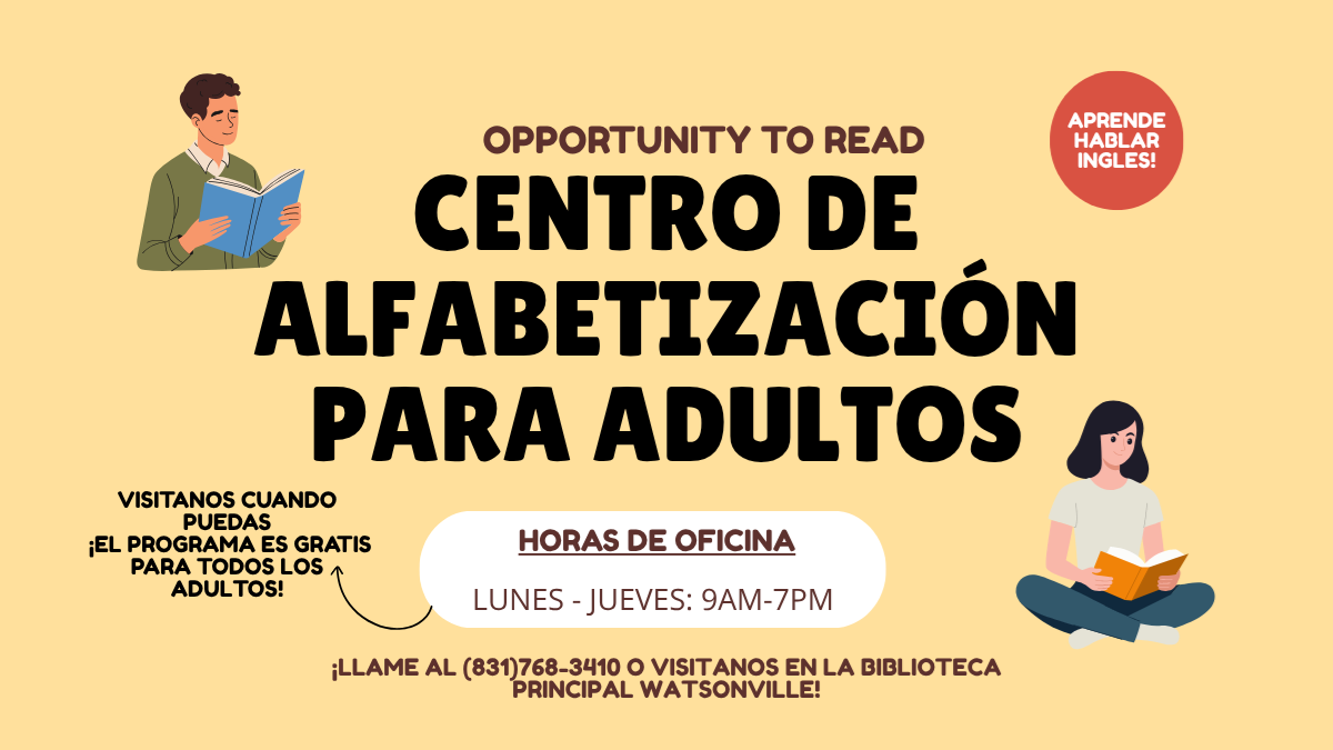 Anuncio Programa de Alfabetización para adultos. Imágenes de un hombre y mujer leyendo libros.