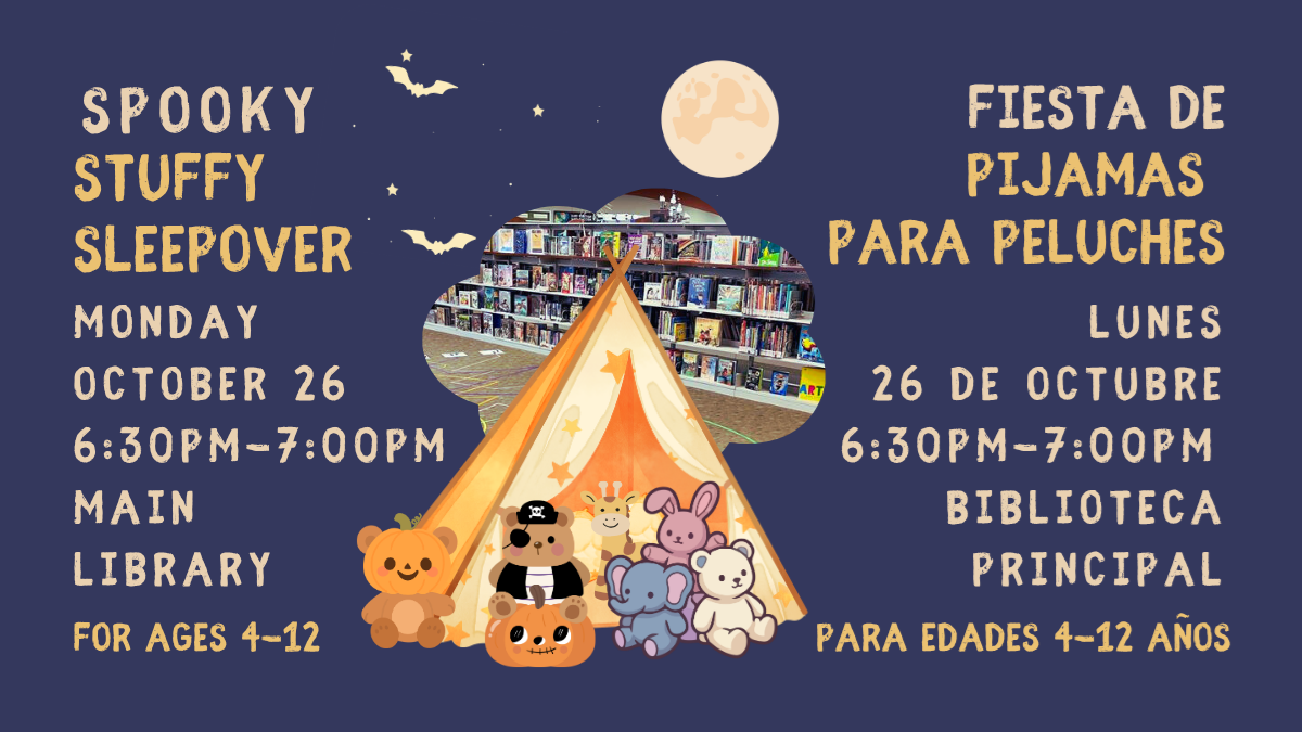 Anuncio de una fiesta de pijamas para peluches. Incluye una ilustración de estilo caricaturesco que muestra a unos animales adorables frente a una tienda de campaña
