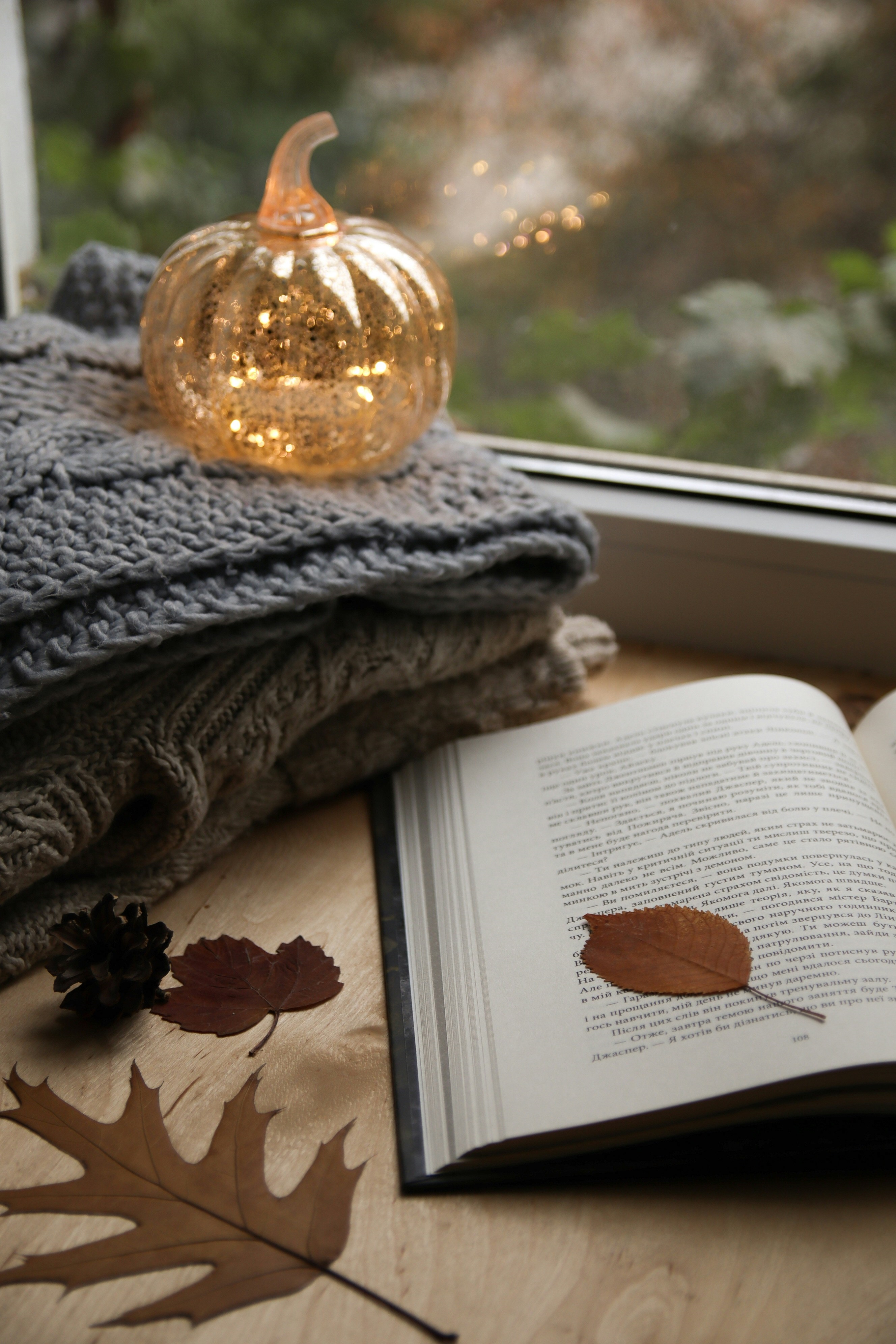 Open Book Sitting On Top Of A Table Next To A Window with Fall Leaves and a Lit Glass Pumpkin