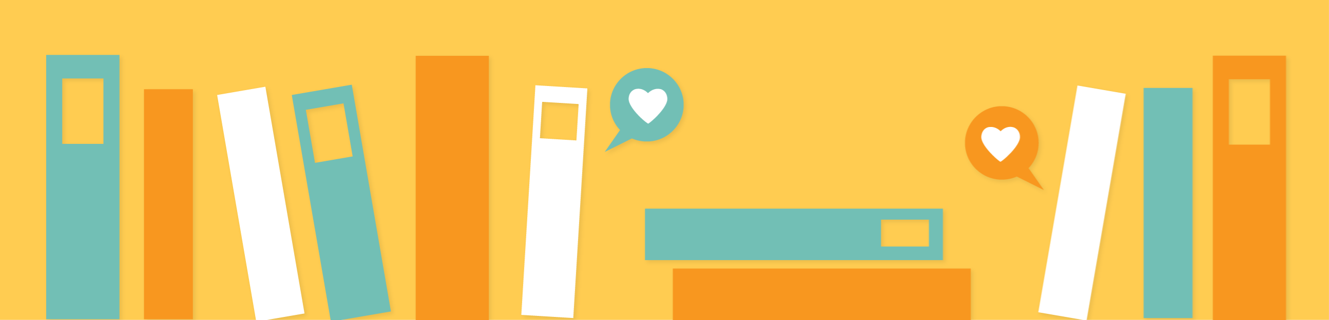 Orange background with blue, orange, and white book spines, some with heart thought bubbles. 