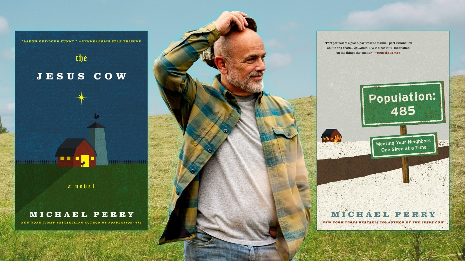 bestselling author Michael Perry with his books Population: 485 and The Jesus Cow