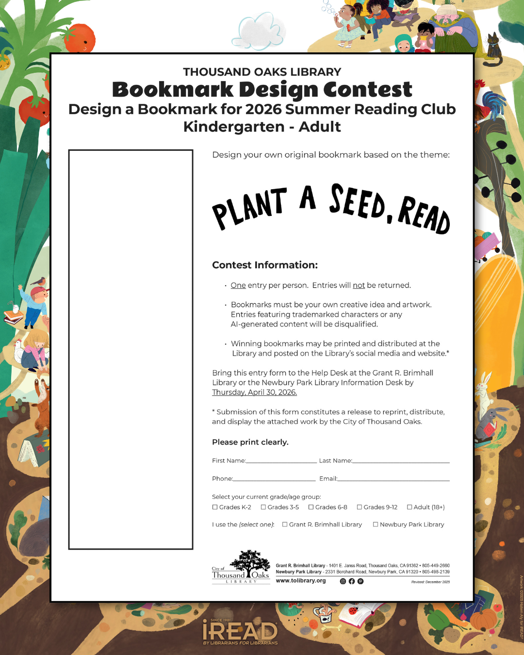 bookmark design contest form displayed against the 2026 summer reading flyer