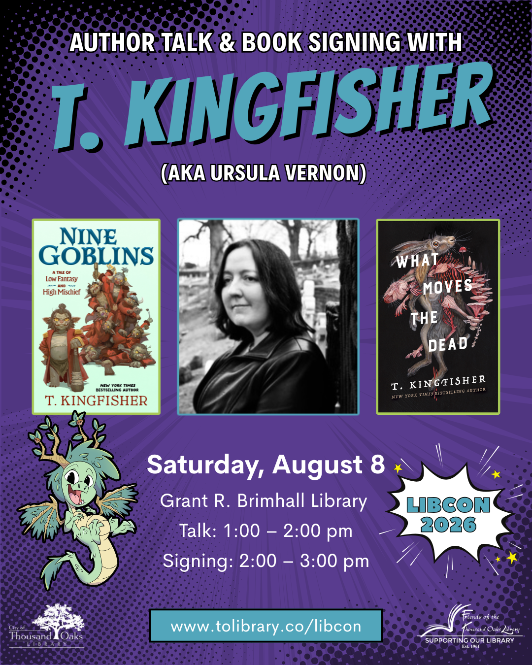 Flyer for T. Kingfishers author talk and book signing on August 8 at the Grant R. Brimhall Library.