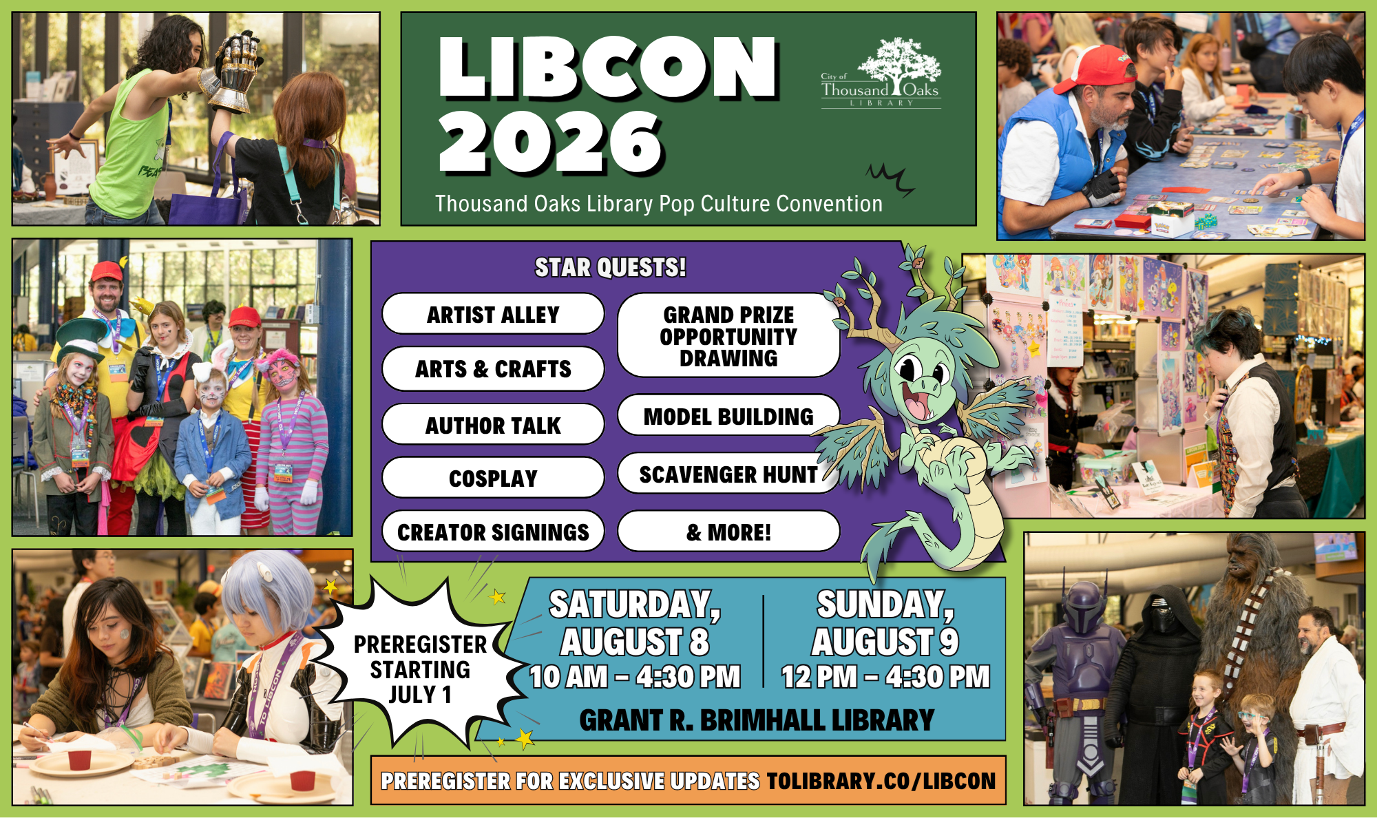 Collage promoting LIBCON 2026 at Thousand Oaks Library with cosplay, crafts, gaming, and author events.
