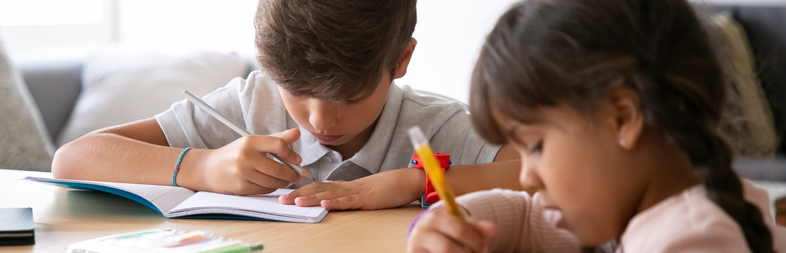 Photograph of two children studying at a table.
