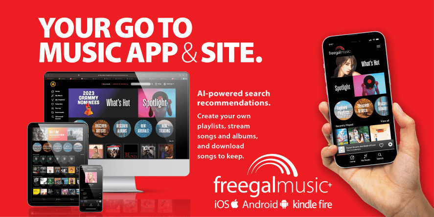 freegal music information "your goto music app and site. AI-powered search recommendations. create your own playlists, stream songs and albums, and download songs to keep." includes freegal music logo and screenshot of music