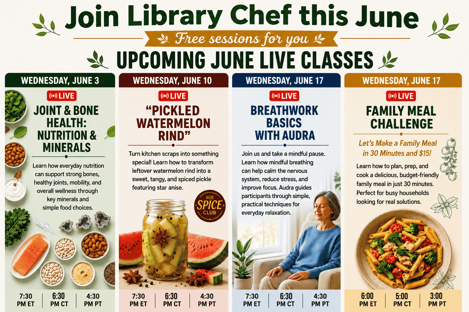 text: join library chef this june, free sessions for you, upcoming june live classes