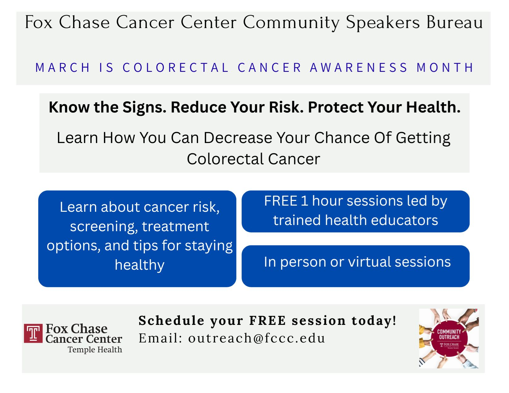 Colorectal Cancer Awareness Month: Chat with an Expert
Thursday, March 12, 2026 
9:00 AM – 11:00 AM
Ocean City Free Public Library
Description
Colorectal Cancer Awareness Month: Chat with an Expert

March 12th between 9am - 11 am

Come and talk with an expert in the Ocean City Community Center Atrium for resources and more information.

Fox Chase Cancer Center Community Speakers Bureau

MARCH IS COLORECTAL CANCER AWARENESS MONTH

Know the Signs. Reduce Your Risk. Protect Your Health.

Learn How You Can Decrease Your Chance Of Getting Colorectal Cancer

Learn about cancer risk, screening, treatment options, and tips for staying healthy

FREE 1-hour sessions led by trained health educators

In-person or virtual sessions

Schedule your FREE session today! Email: outreach@fccc.edu

