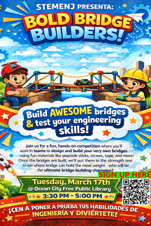 Bold Bridge Builders!

Tuesday, March 17th from 3:30 PM - 5 PM

Recommended for ages 8 – 13

Build awesome bridges and test your engineering skills!

Join us for a fun, hands-on competition where you'll work in teams to design and build your very own bridges using fun materials like popsicle sticks, straws, tape, and more! Once the bridges are built, we'll put them to the strength test to see whose bridges can hold the most weight - who will be the ultimate bridge-building champion