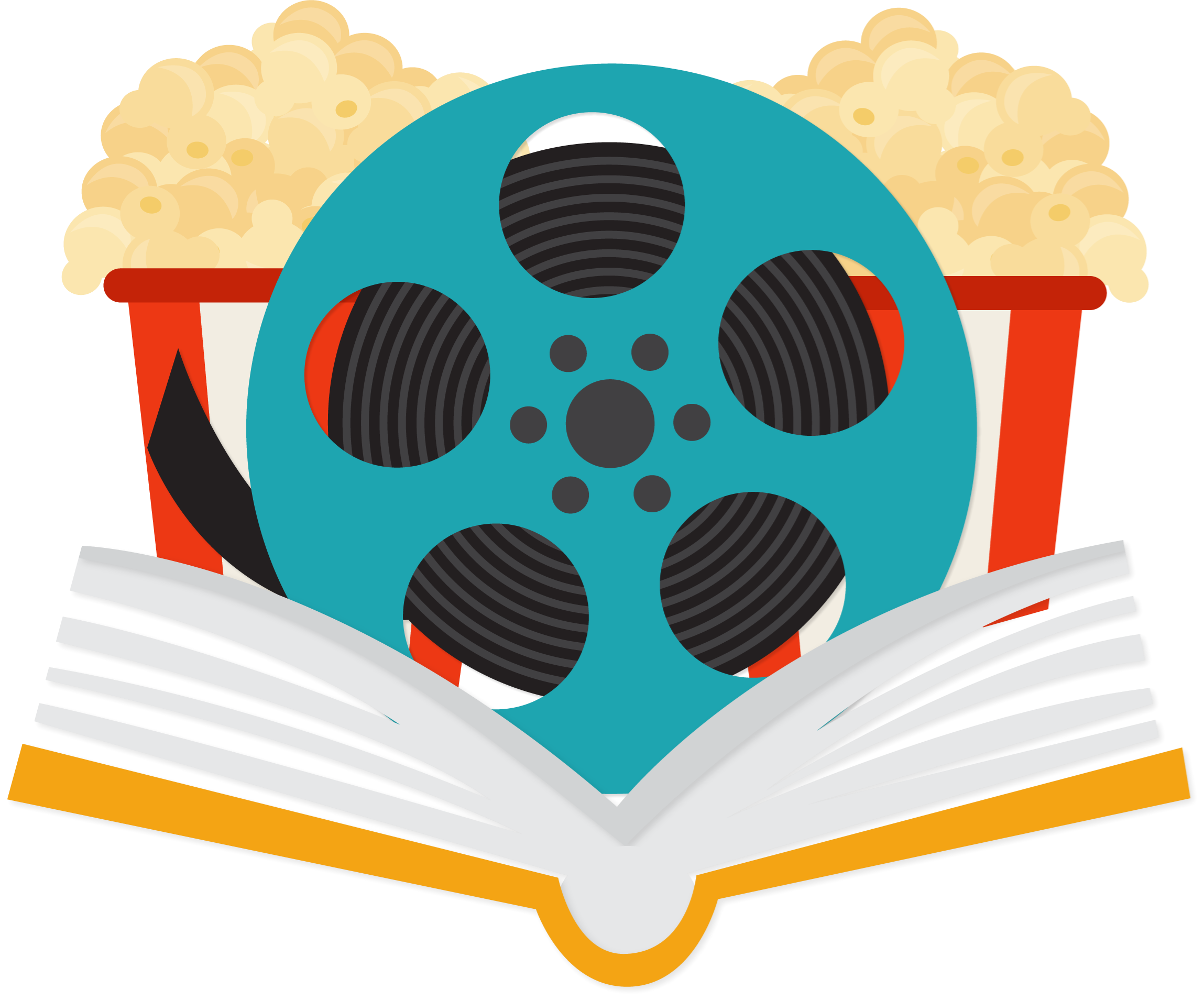 Clip art featuring an open book, a reel of movie film, and tubs of popcorn