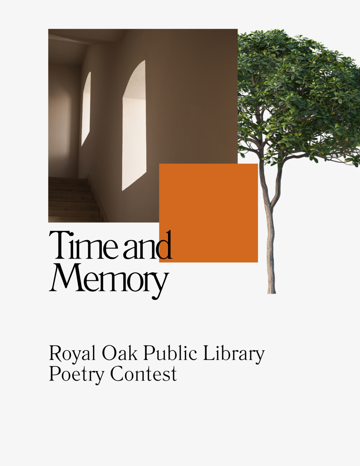 A hallway, sunlight through a window cast on a wall, as well as an image of a tree. Text "Time and Memory"