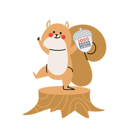 1000 Books Before Kindergarten Squirrel standing on a tree stump links to our 1000 Books Before Kindergarten webpage.