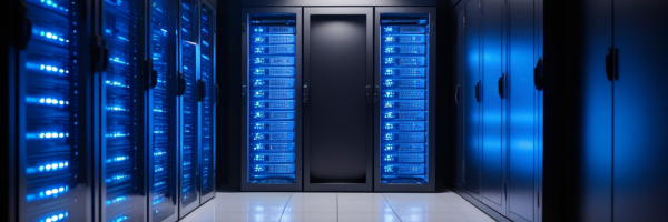 A group of servers glow with blue light in a dark hallway