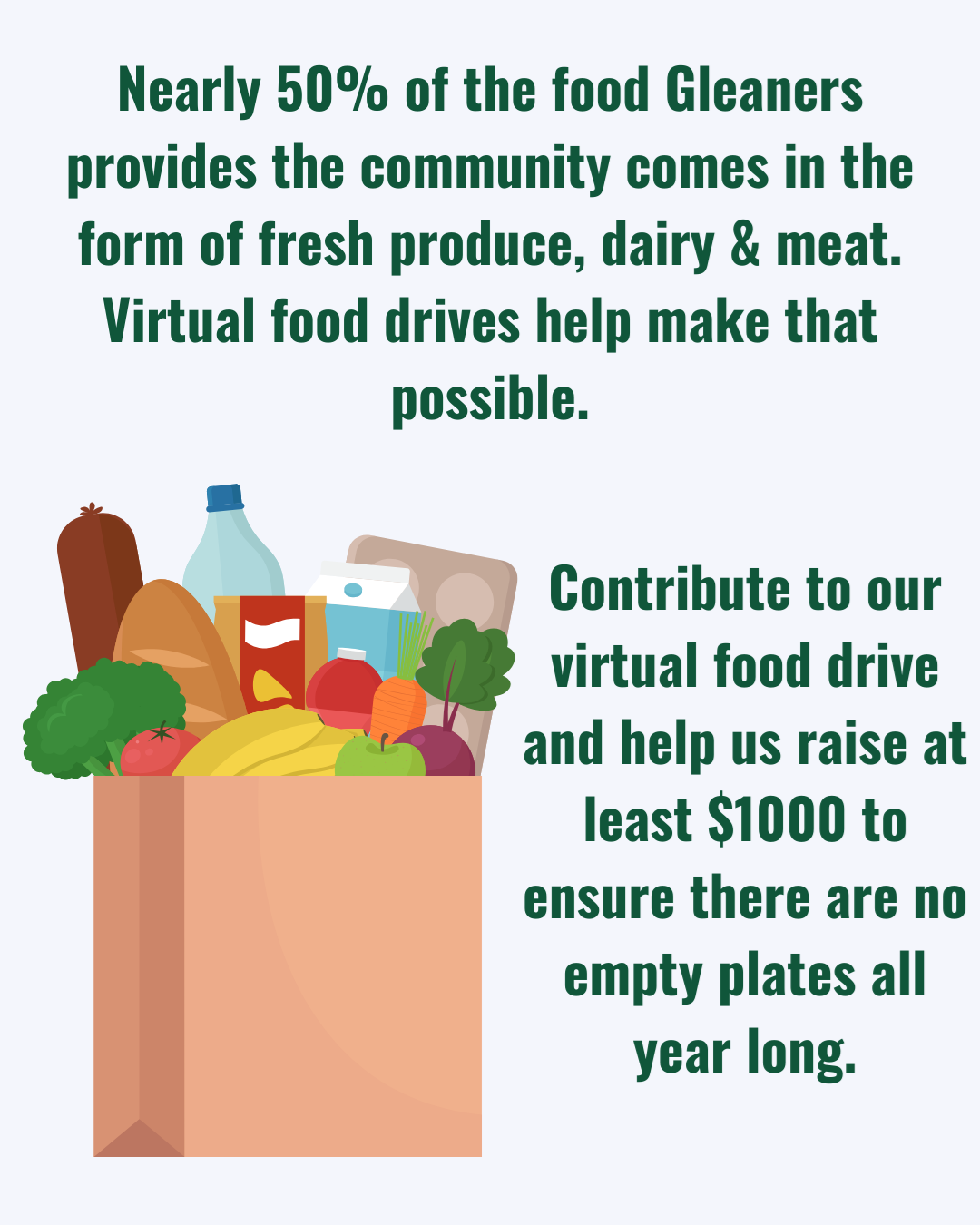 bag of groceries. nearly fifty percent of the food gleaners provides to the community comes int he form of fresh produce, dairy and meat. Virtual food drives make that possible. contribut to our local food drive and help us raise one thousand dollars to ensure there are no empty plates all year long.