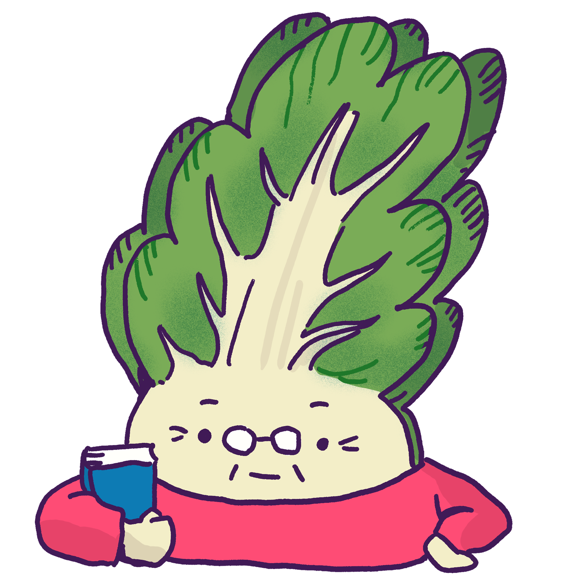 An illustration of bespectacled bok choy holding a book