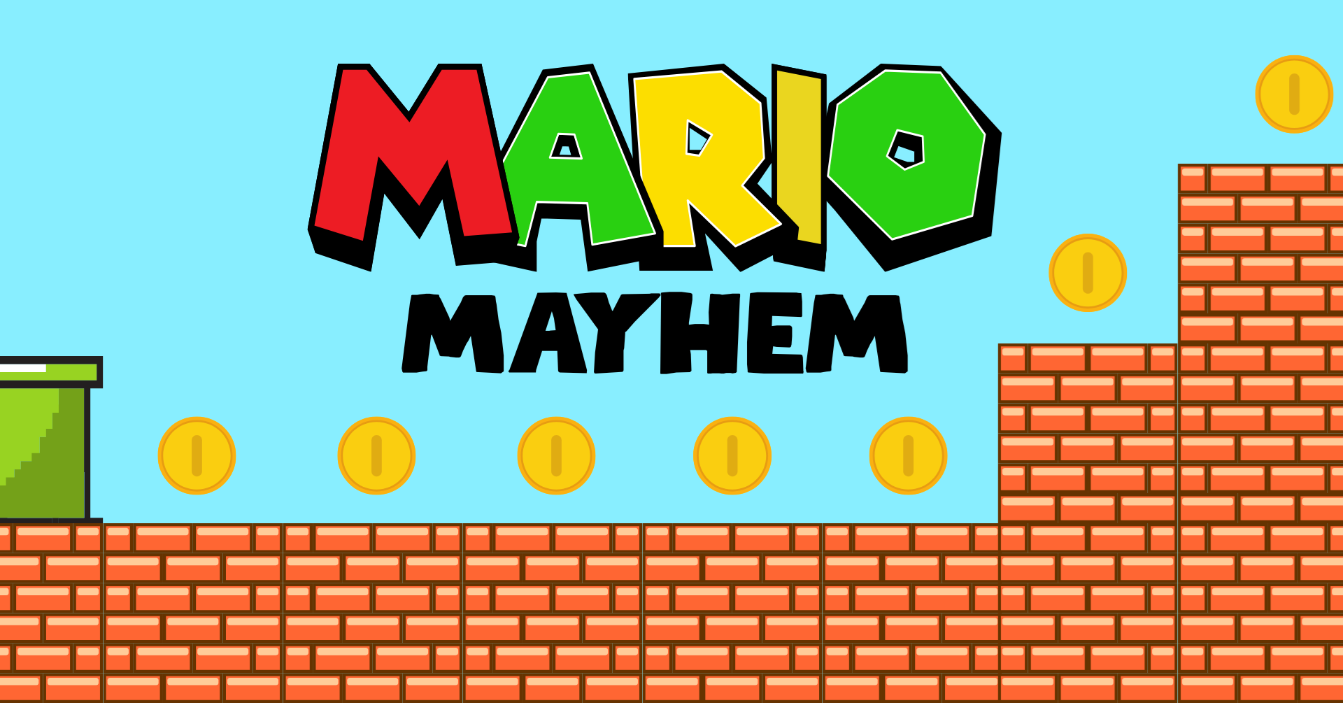 Super Mario Bros. style bricks, coins, and a pipe.
