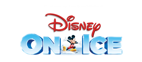Logo for Disney On Ice featuring the word 'Disney' in red, cursive lettering above the phrase 'On Ice' in large, bold, icy blue letters with a frosted texture. Mickey Mouse is positioned between the words 'On' and 'Ice,' wearing red shorts and yellow shoes, skating on ice with one leg extended and arms out for balance. The background is white, emphasizing the bright colors and ice theme. This image is used to promote the Disney On Ice Reading Challenge at Oconomowoc Public Library.
